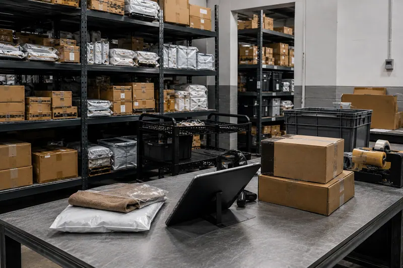 A warehouse returns station with shelving, a tablet on a stand, stacked boxes and a tape gun.