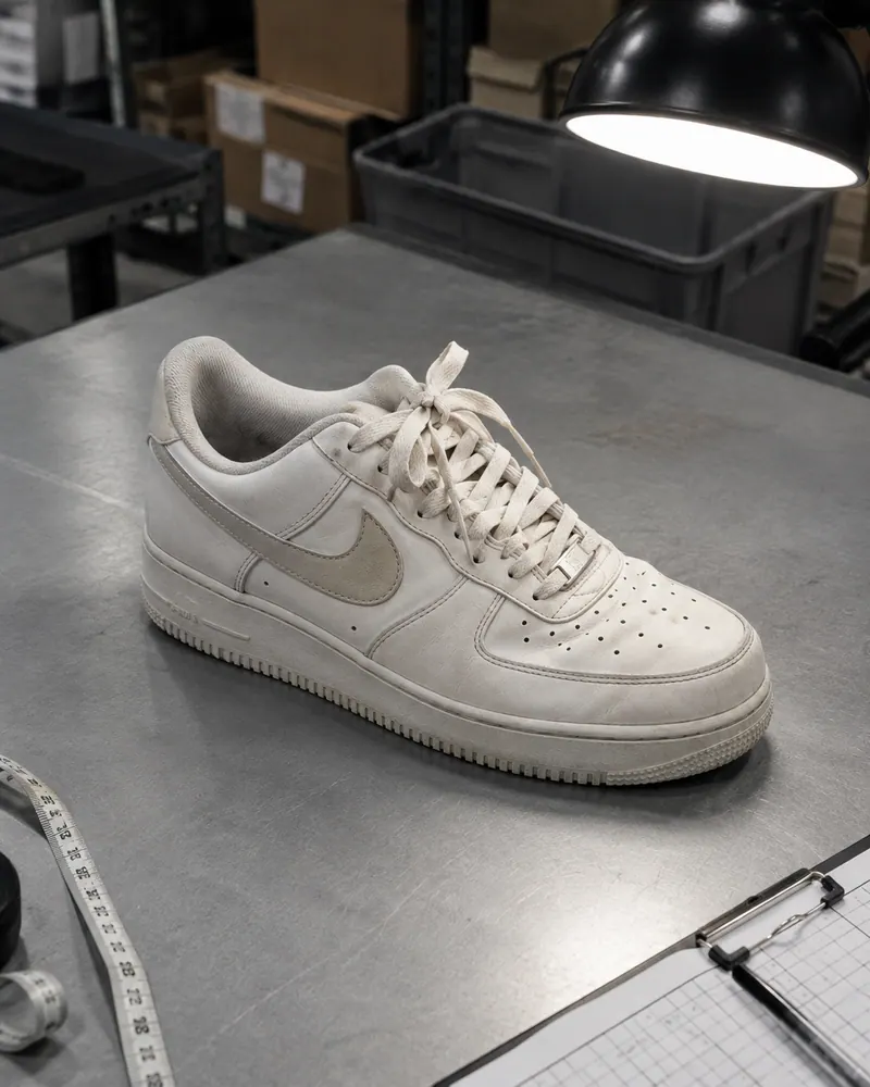 The same white trainer photographed on a grey steel warehouse bench under a task lamp, beside a tape measure and a clipboard.