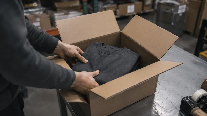 The same grey jumper being lowered into a cardboard box on a warehouse packing bench.